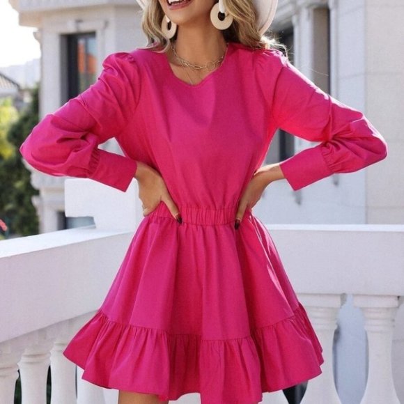 Dresses | Ruffle Hem Dress With Puffed Sleeves Hot Pink | Poshmark